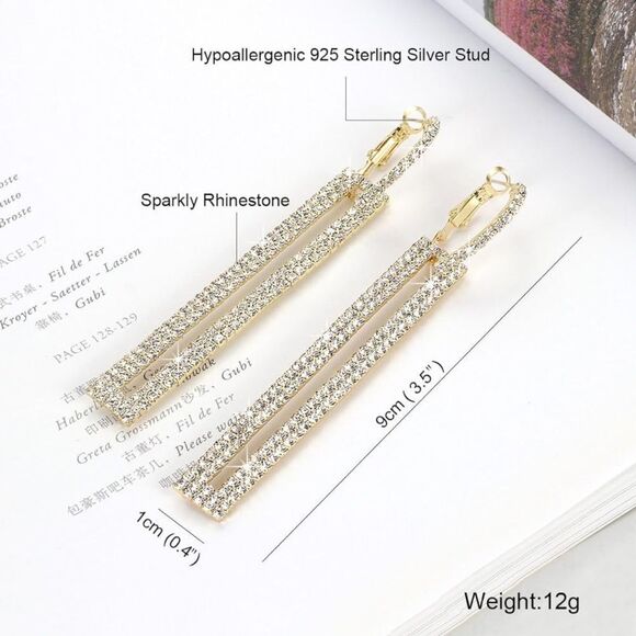 14K Yellow Gold with White Diamond Crystal Geometric Rectangle Post Earrings - Picture 5 of 5